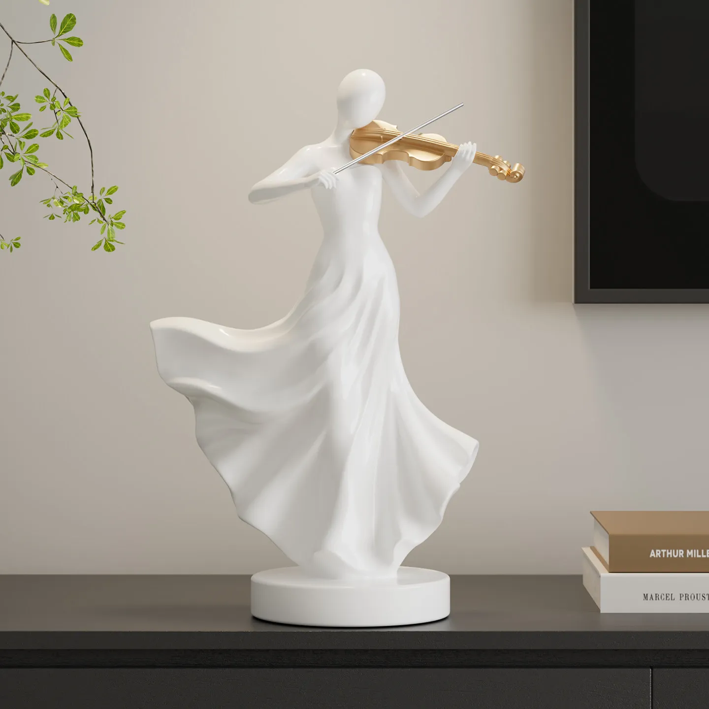 Violin Playing Woman Resin Statue Abstract Musician Lady Sculpture Golden Violin Figurine Home Living Room Desktop Art Decor