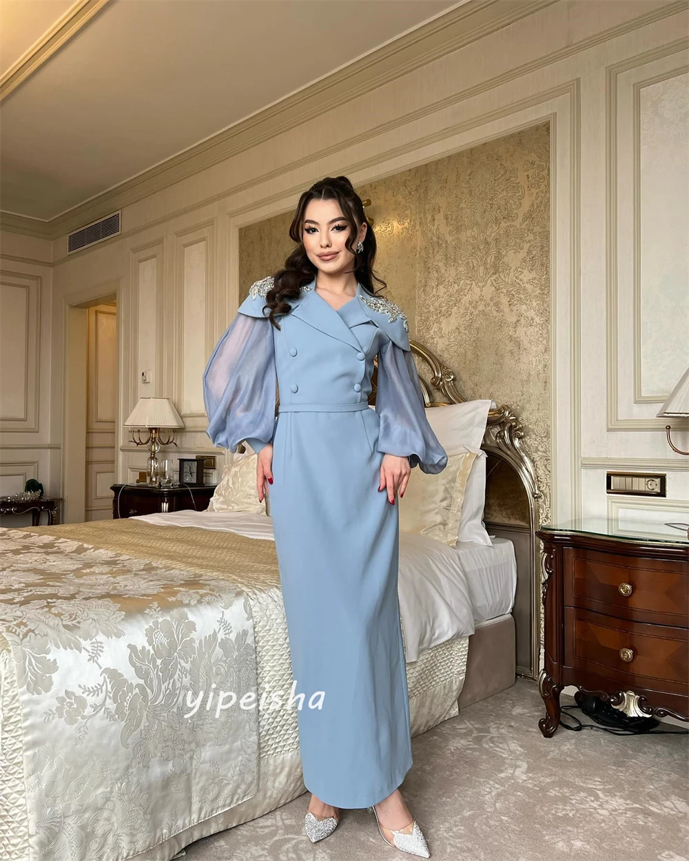 Robe de Bal en Satin avec lèvent et Perles, Tenue de Soirée Formelle, Ligne A, Col en V, sur Mesure, Longueur de Rincage, Arabie Saoudite