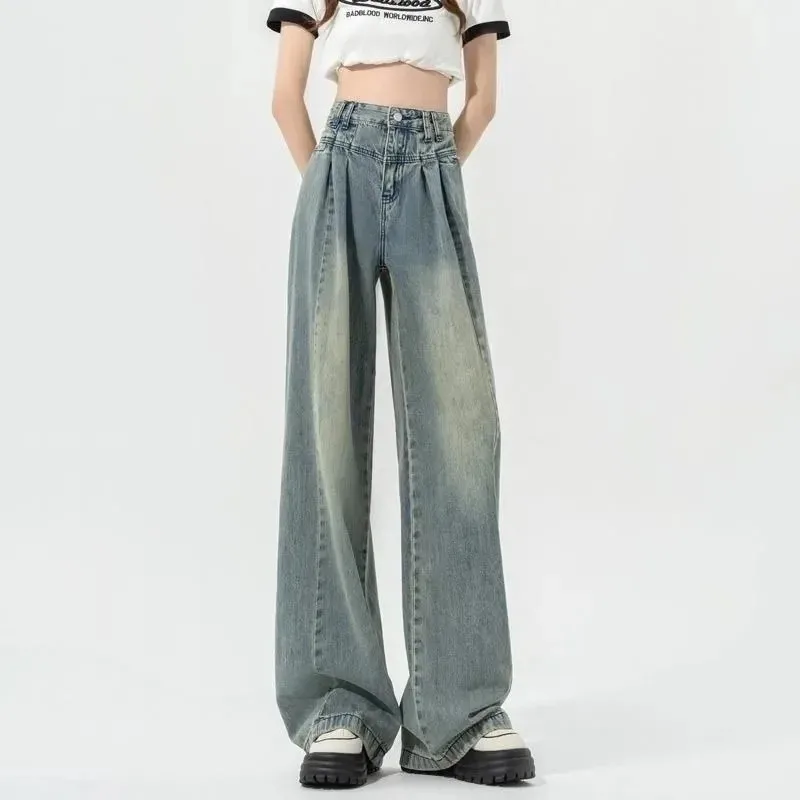 2024 New Spring Autumn Women's Trousers Korean Pleated Wide Leg Pants Casual Design High Waist Pantalones Vintage Baggy Jeans