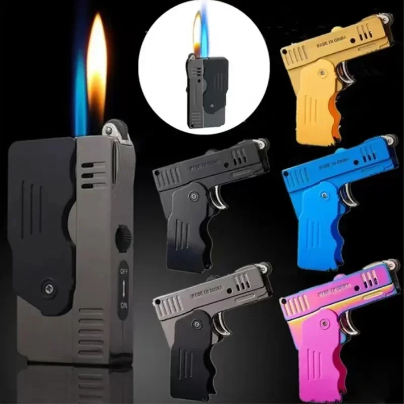 New Creative Folding Deformable Butane Gas Lighter Double Fire Switch Pistol Shape Lighter Nightlight  Funny Men's Gadgets