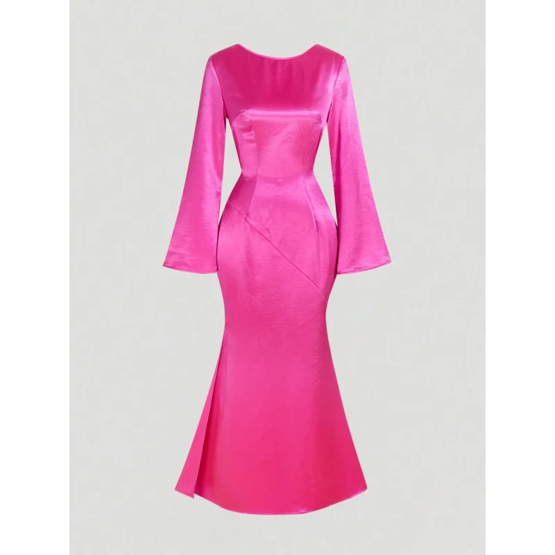 Satin-Meerjungfrauenkleid für Damen, langes Abendkleid mit ausgestellten Ärmeln, Rückenfreies, figurbetontes, formelles Maxikleid für Hochzeitsgäste und Partys – Detail 7