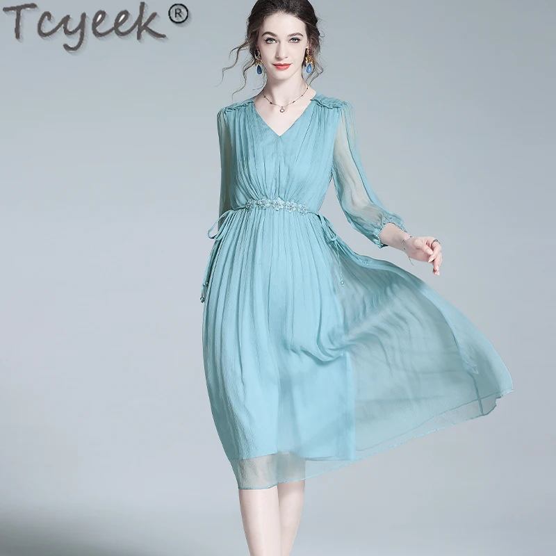 

Tcyeek 100% Real Silk Women Dress Summer Clothes Elegant and Pretty Women's Dresses Pink Dress French 2024 Vestidos De Mujer