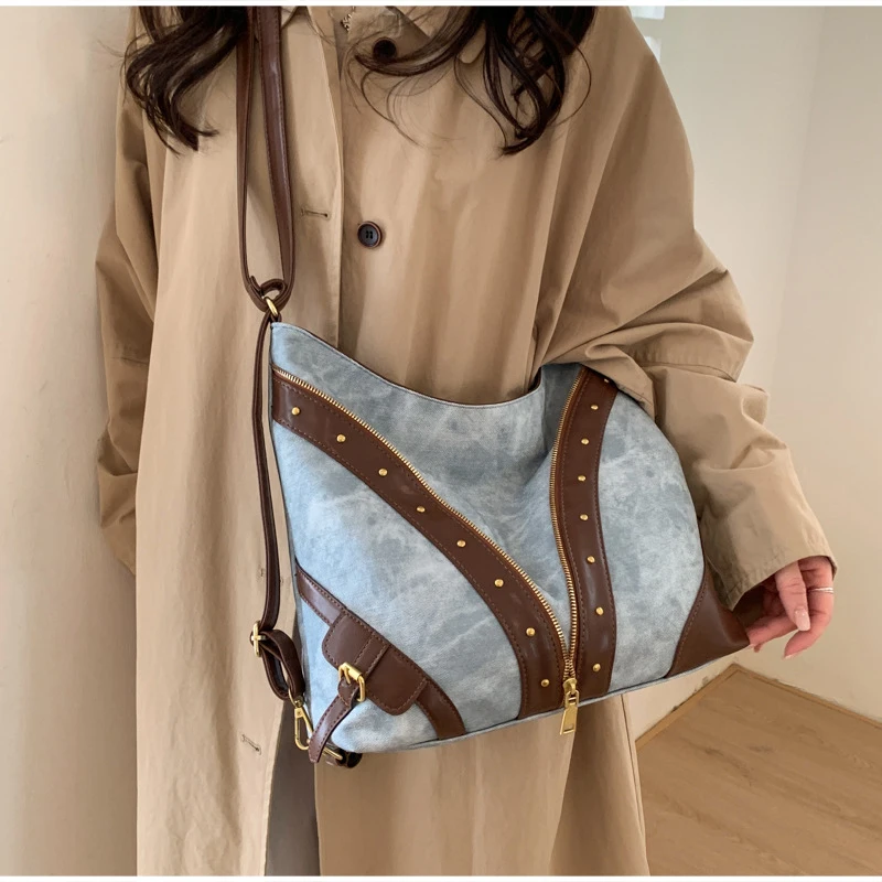 Vintage-Rucksack, Damen-Tragetasche, Retro-Spleiß-Hobo-Umhängetasche, lässige Alltags-Einkaufstasche mit Nieten-Dekor – Detail 14