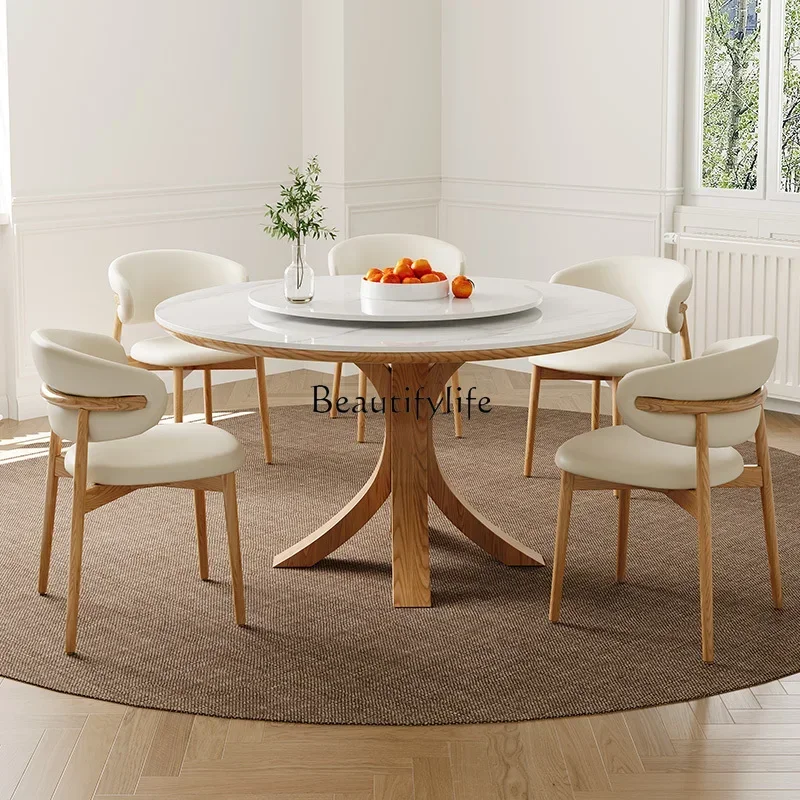 

ld 38 Cream wind solid wood full support rock slab dining table with turntable round table log ash wood