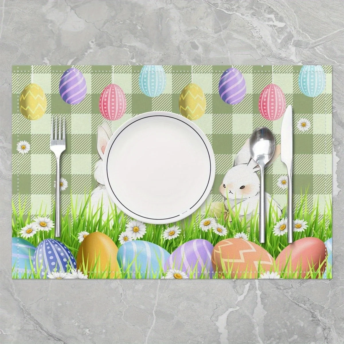 1PC Easter Egg Placemats Set, Cute White Rabbit Cartoon Animal Table Mats, Stylish Daisy Green Gingham, Rustic Kitchen Mats