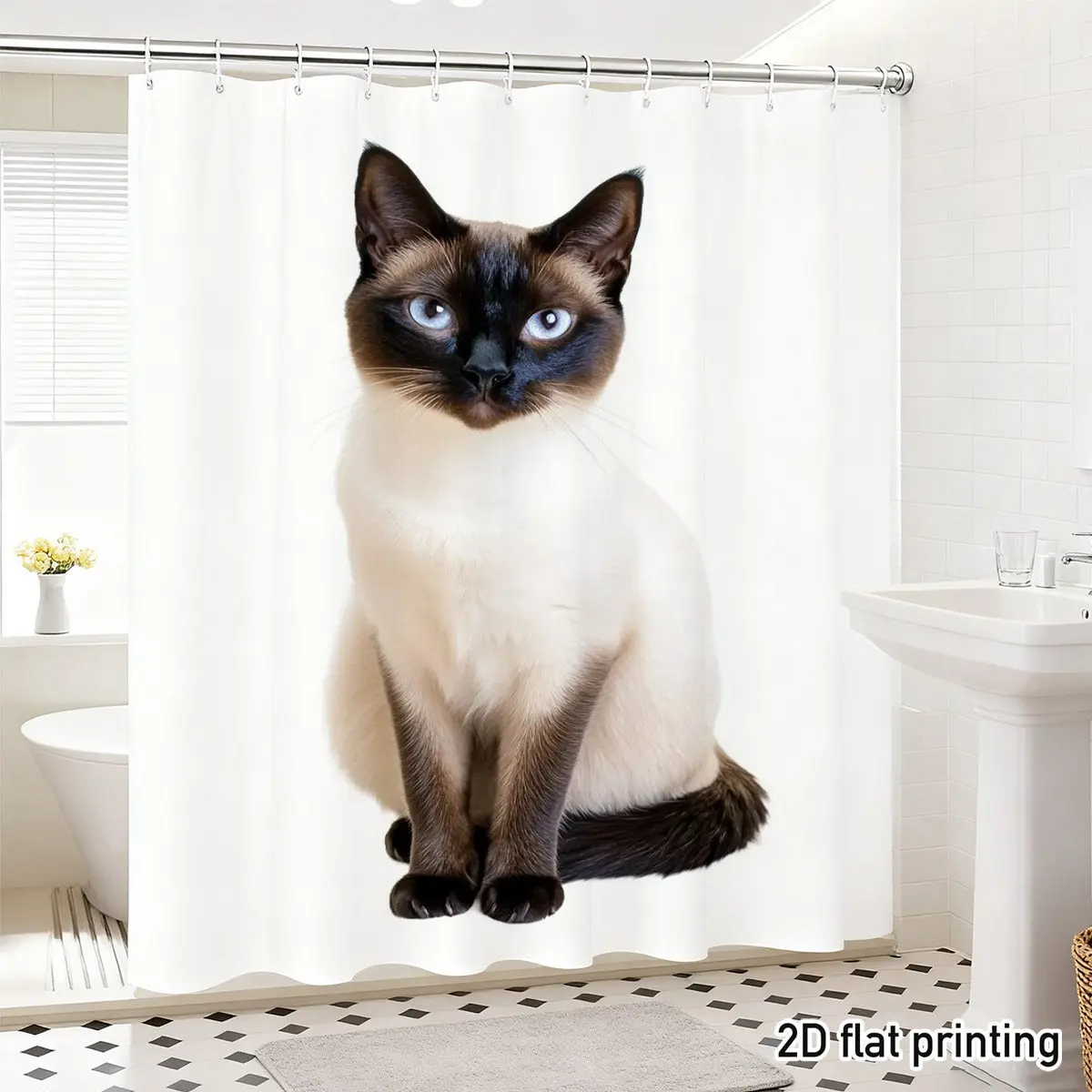 Realistic Siamese Cat Shower Curtain Blue Eyes White & Seal Point on Cream Background Polyester Pet Lover Decor