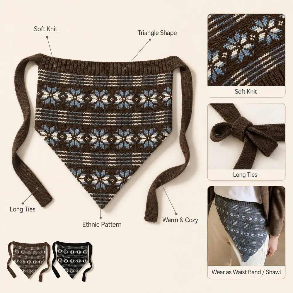 Yarn Triangle Hip Scarf Knitted Texture Vintage Style Knitted Waist Wrap Triangle Shape Fair Isle Pattern Triangle Waist Scarf