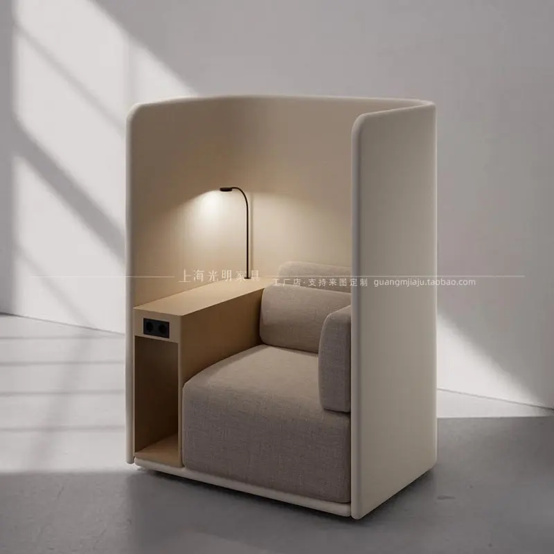 Modern designer high-back sofa chair, independent space with a tabletop and tabletop, surrounded by a beauty salon