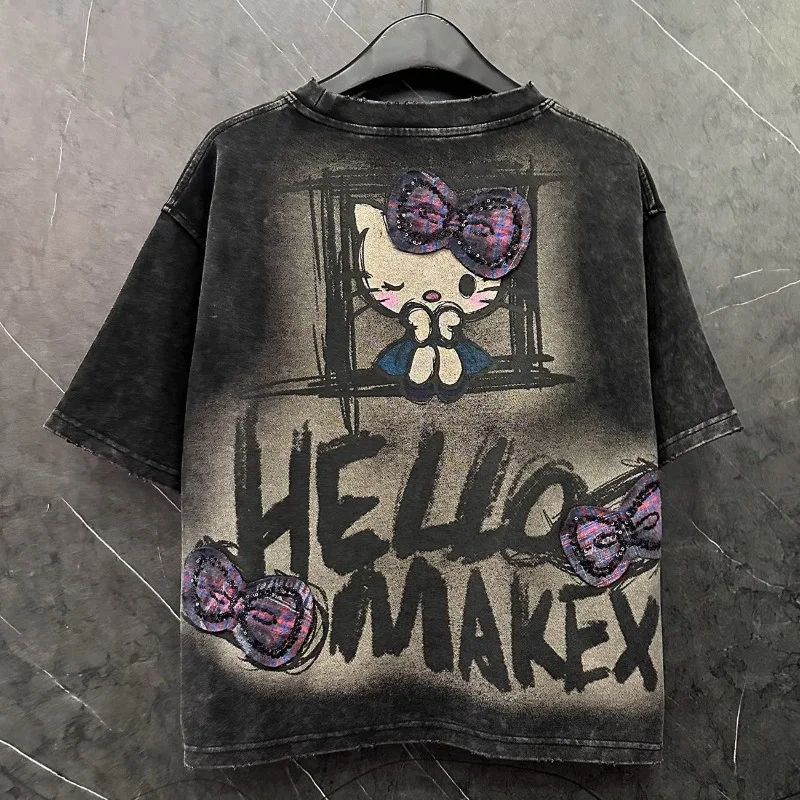 

Аниме Sanrio Y2K Hello Kitty Girls, милая летняя милая хлопковая женская футболка большого размера в стиле граффити, повседневные свободные трендовые топы, подарок