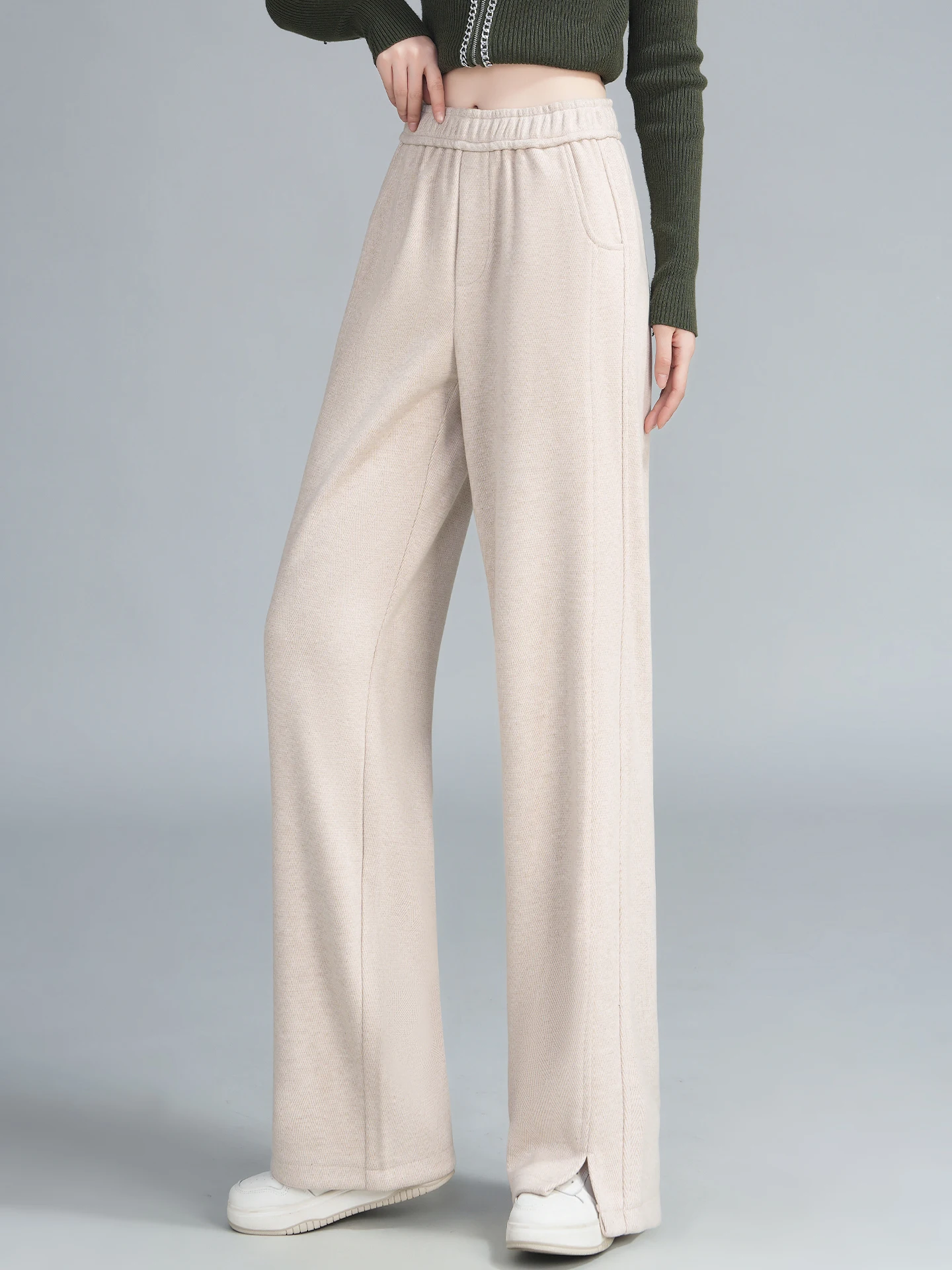 

High Waist Slim Fit Woolen Wide Leg Pants Women's Casual Straight Cut Fleece Lined Trousers Autumn Winter New Style