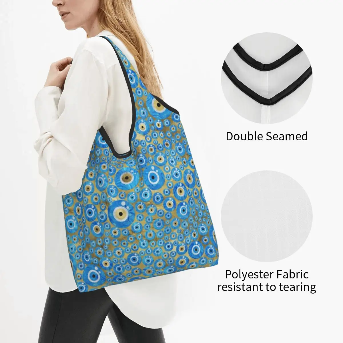 Custom Greek Blue Glass Evil Eye Shopping Bags Women Portable Large Capacity Grocery Nazar Amulet Boho Shopper Tote Bags