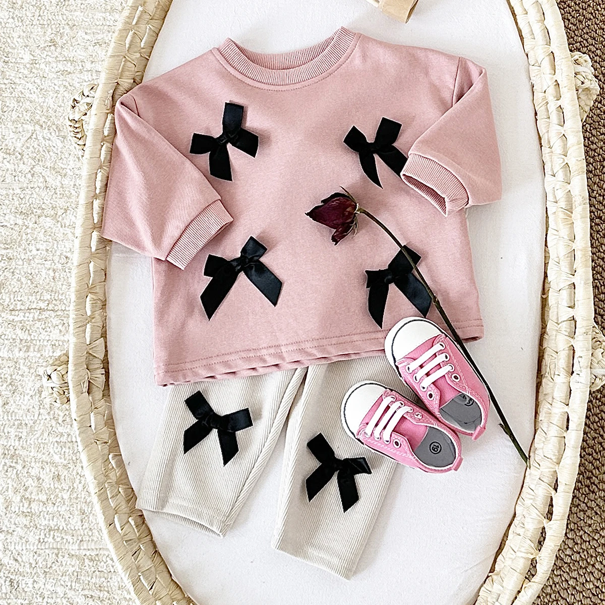 Neue Frühling Herbst 2pcs Neugeborene Baby Bogen Kinder Kleidung Sets Kleinkind Mädchen Langarm Pullover Hosen Baby Baby Anzug 0-4y