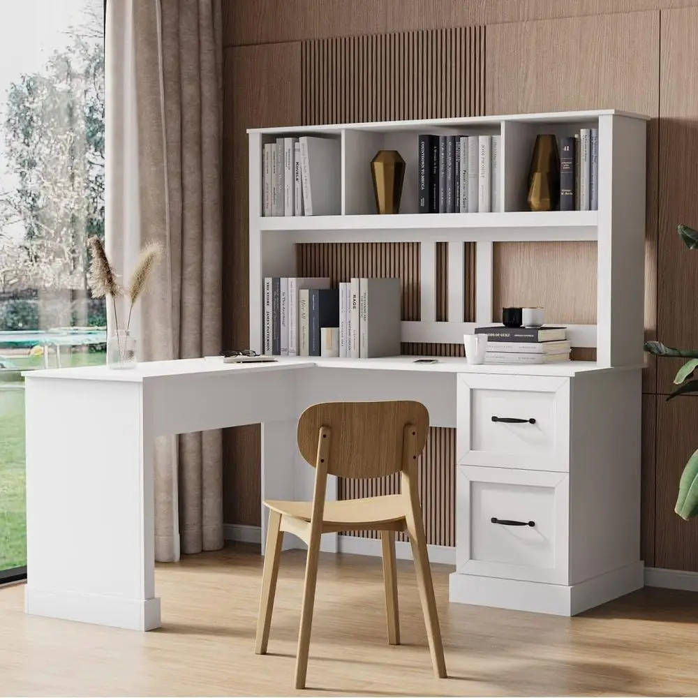 

White Antique Style Corner Desk with Storage, Hutch, Drawers, and Bookshelf for Home Office and Study