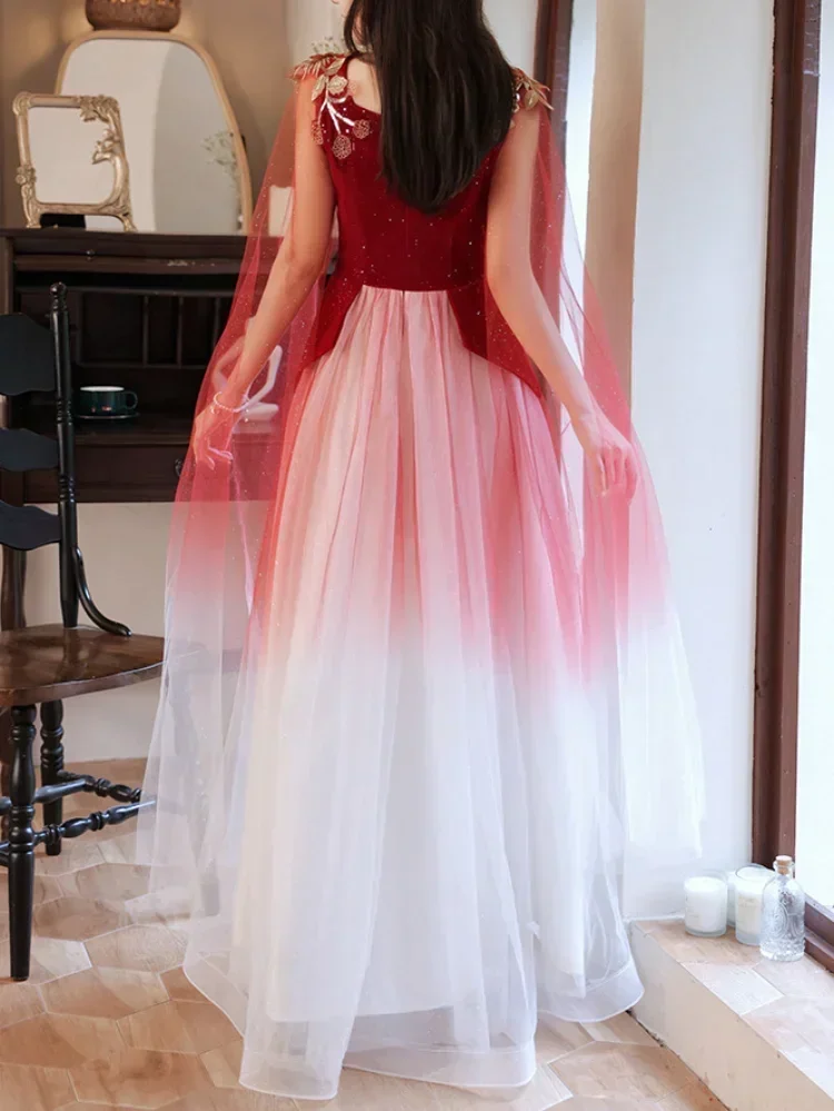 Customized Sleeveless Sling Evening Dresses Mesh Shawl Design Slim Waist Wedding Party Vestidos Elegant Ball Gown Appliques Long