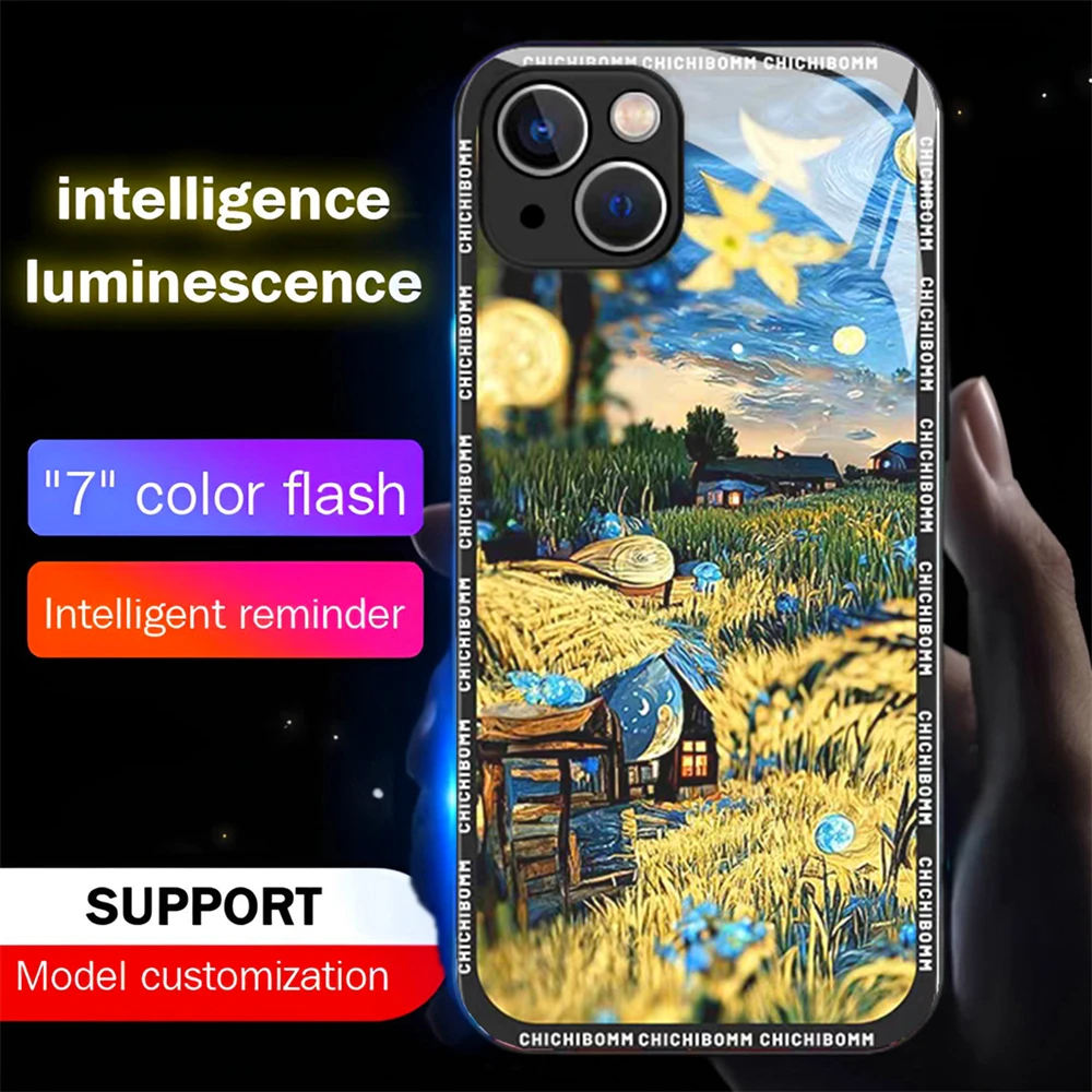 

Oil Painting Art Sound Control LED Flash Cases Luminous Glass Cover For Samsung S26 S25 S24 S23 S22 S21 S20 FE Plus Ultra