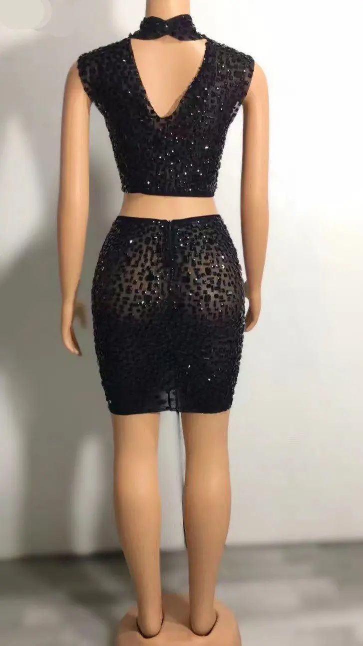 Sexy Mesh Transparent Celebrate Evening Prom Party Birthday Dress Women Sparkly Rhinestones Top Short Skirt Two Pieces Dress