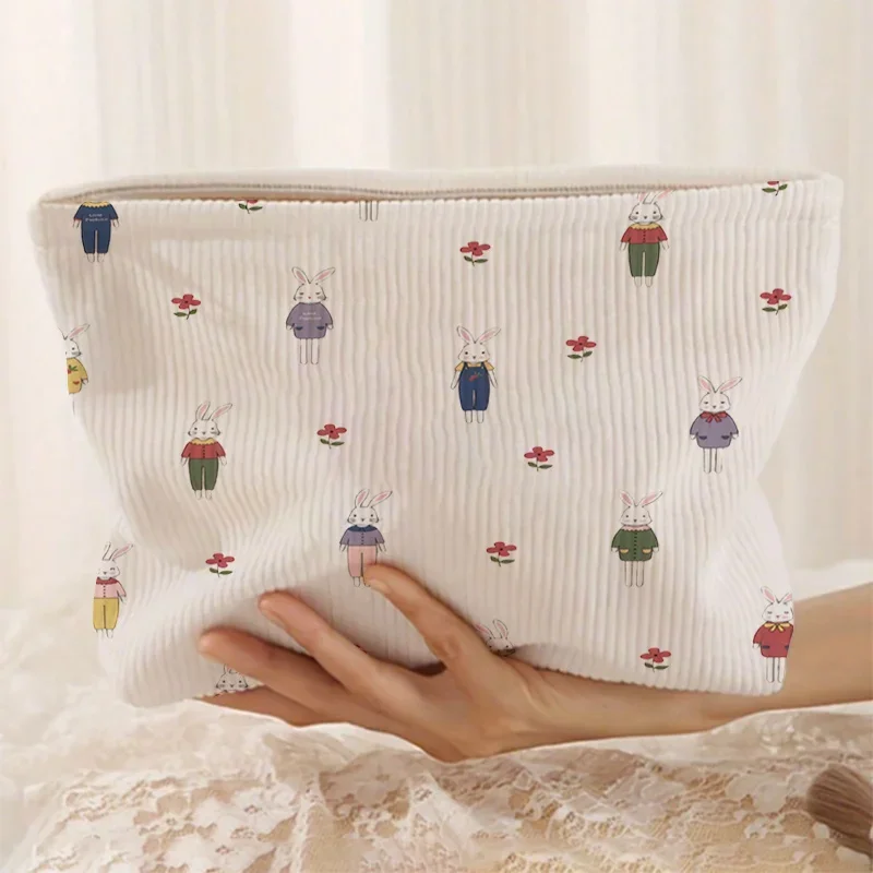 Corduroy Makeup Bag Fresh and Simple Corduroy Cute Clutch Bag for Coins and Keys - Large Capacity Travel Makeup Bag