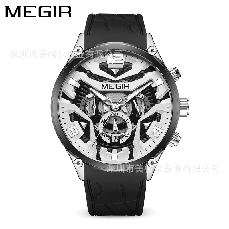 

MEGIR оливково-зеленые спортивные часы мужские модные силиконовые ремешки водостойкий хронограф кварцевые наручные часы с автоматической датой светящиеся стрелки