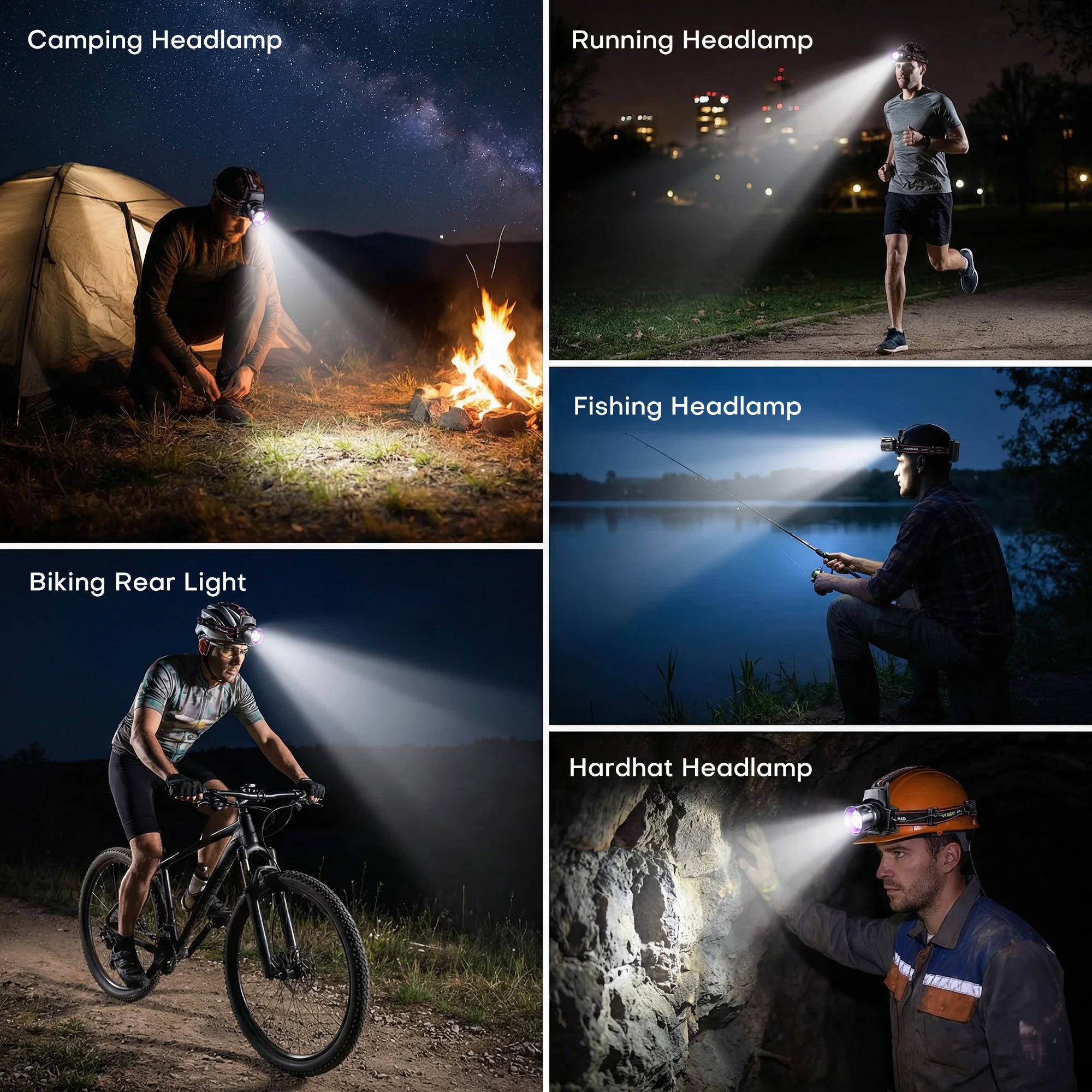 Rechargeable LED Headlamp with 10 Light Modes, Zoomable, Waterproof, UV & Red Light, for Camping, Fishing & Work