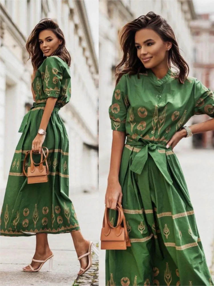 

Fashion Print Long Dress For Women 2025 Spring Summer New Short Sleeve Belted Button Shirt Dress Elegant Party Dresses Vestidos