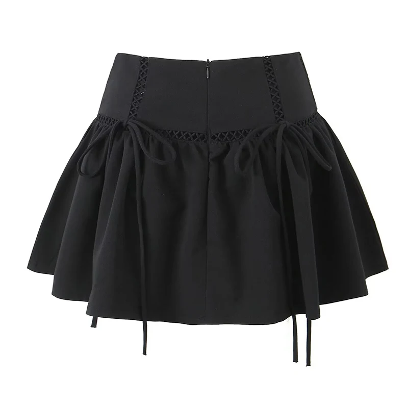 YENKYE 2024 Cool Girl American Retro Lace Trim Pleated Mini Skirt Back Zipper Bow Female Summer Short Skirt Saia