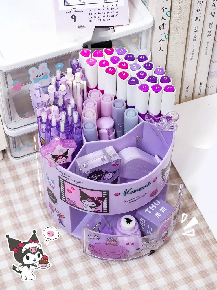 Cute Sanrio Rotating Pen Holder Storage Box Anime Kuromi Cinnamoroll Kawaii Desk Organizer Stickers Stationery Cosmetic Storage