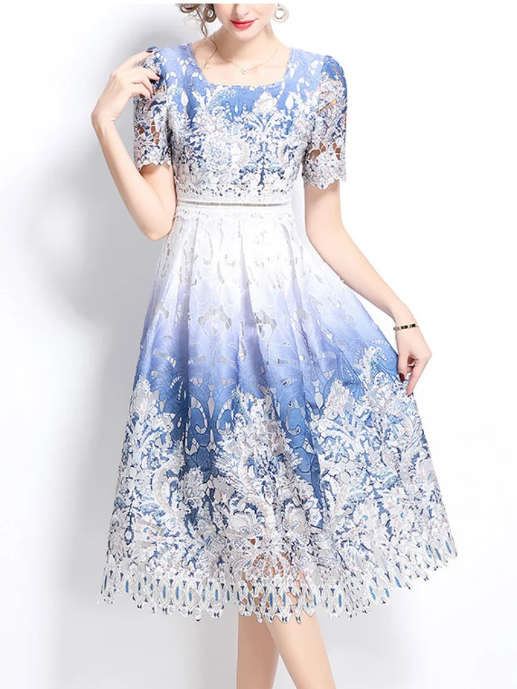 SMTHAM 刺繍カットアウトミディドレス女性のためのラウンドネック半袖ハイウエスト固体ミニマリストレースドレス女性服