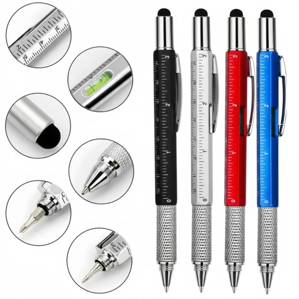 

6-in-1 Multifunctional Plastic Metal Touch Pen with Touch Screen Screwdriver Ruler Level Reusable Rotating Ballpoint Pen Tool