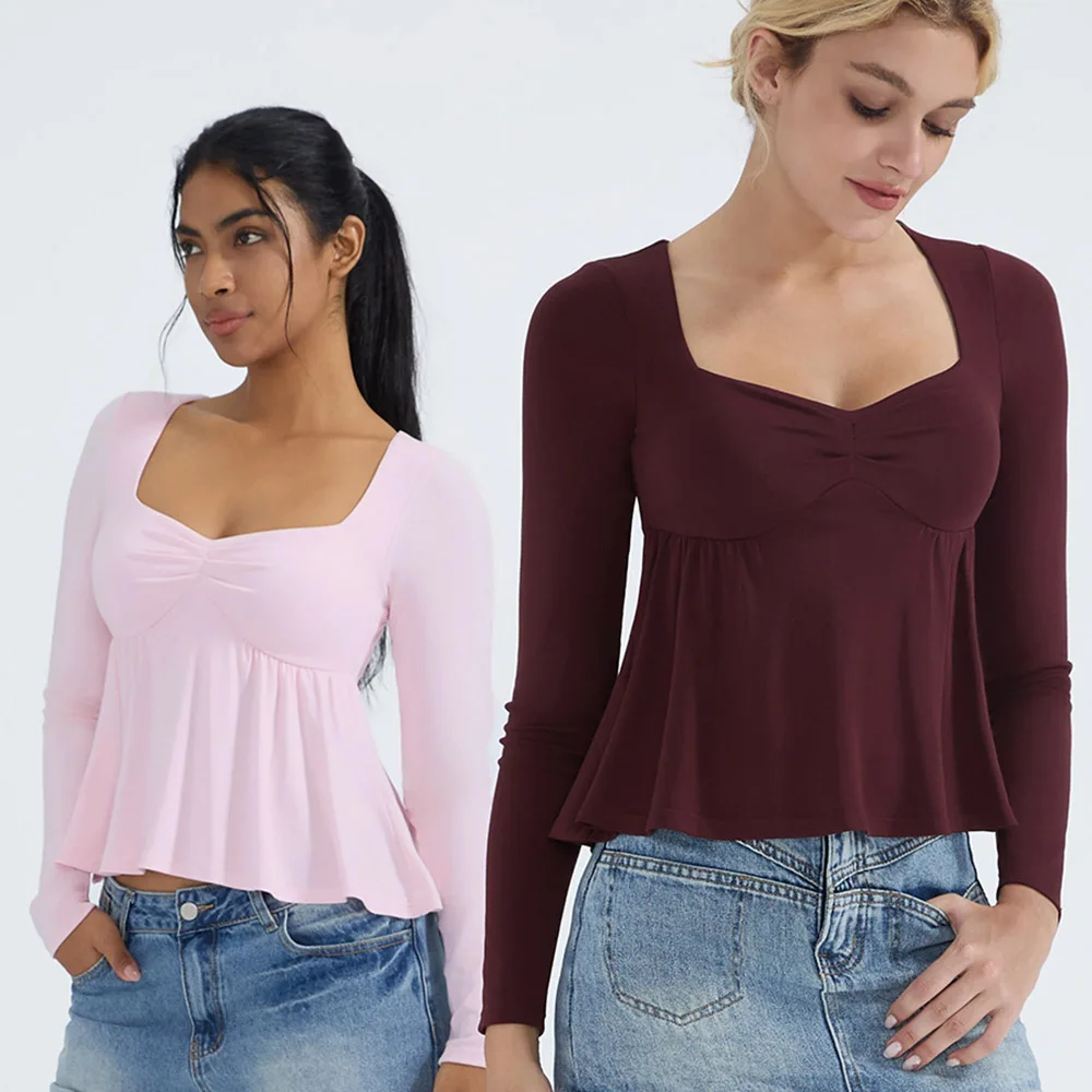 Women Fairy Y2k Cottage T-shirt Coquette Square Neck Long Sleeve Babydoll Tees Autumn Spring Vintage Clothes Casual Pullover Top