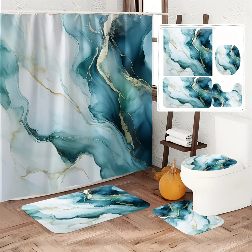 4pc Abstract wave pattern bathroom set, including shower curtain, bathroom mat, U-shaped mat and toilet mat.