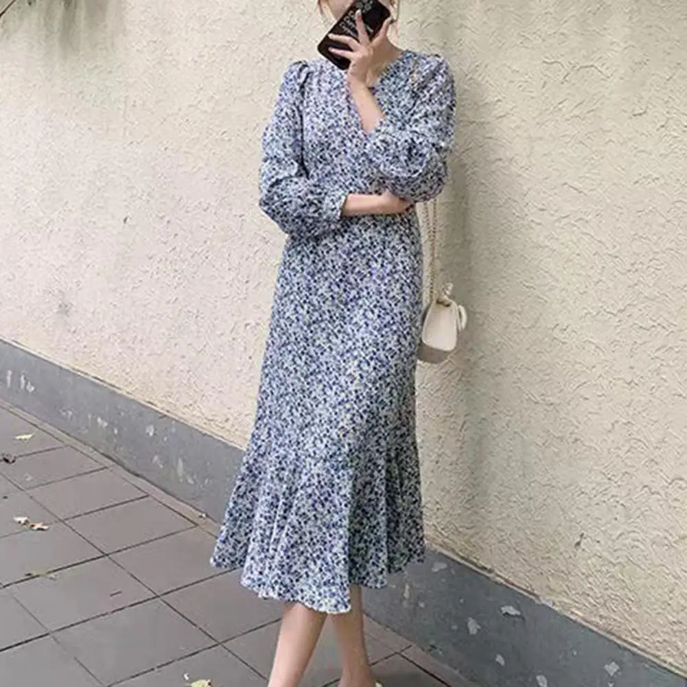 

Women Long-sleeved V-neck Dress Elegant Floral Print V-neck Midi Dress with Fishtail Hem Soft Patchwork Women's for Lady's