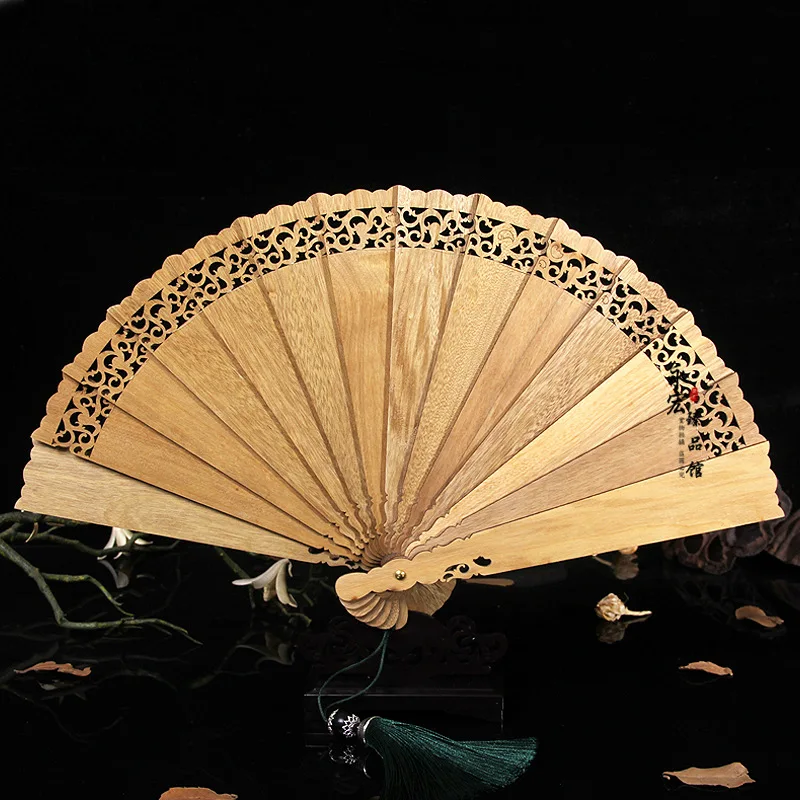 Home decoration crafts gold silk Nanmu fan wood craft fan hollow carving flower exquisite folding fan a wholesale