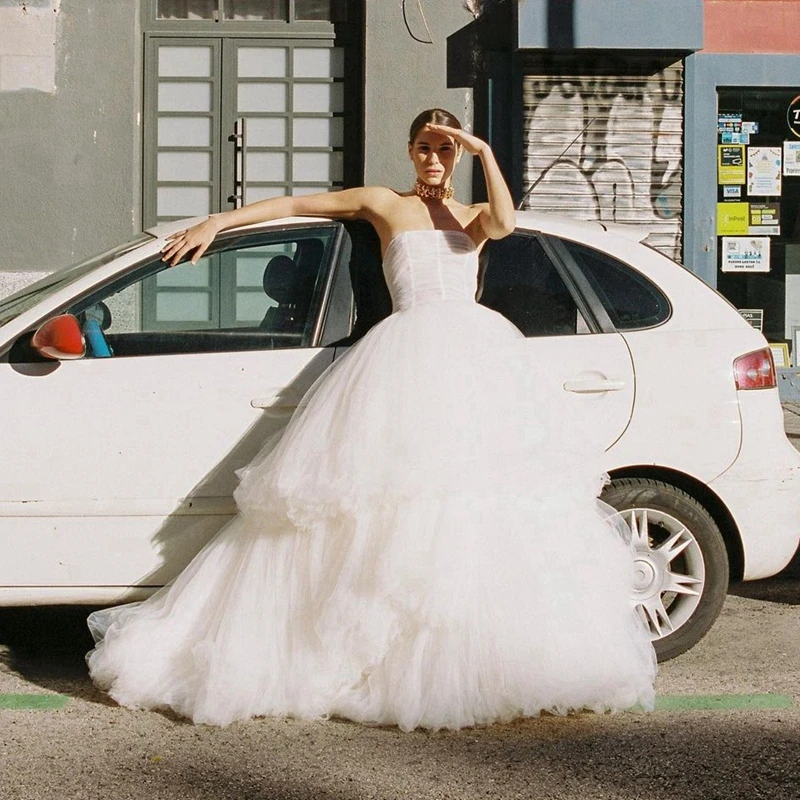 

Bridal Fluffy Tulle A Line Prom Dresses Sleeveless Ruffles Tiered Mesh Wedding Party Gowns Floor Length Puffy Formal Prom Gowns