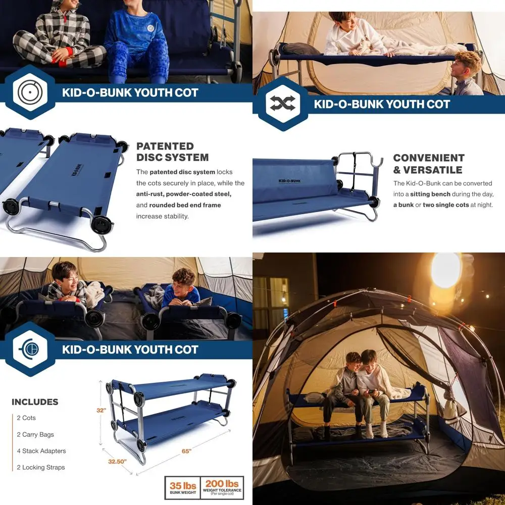 

Youth Twin Cot Bunk Beds with Dual Sleeping Surfaces and Portable Storage Bags