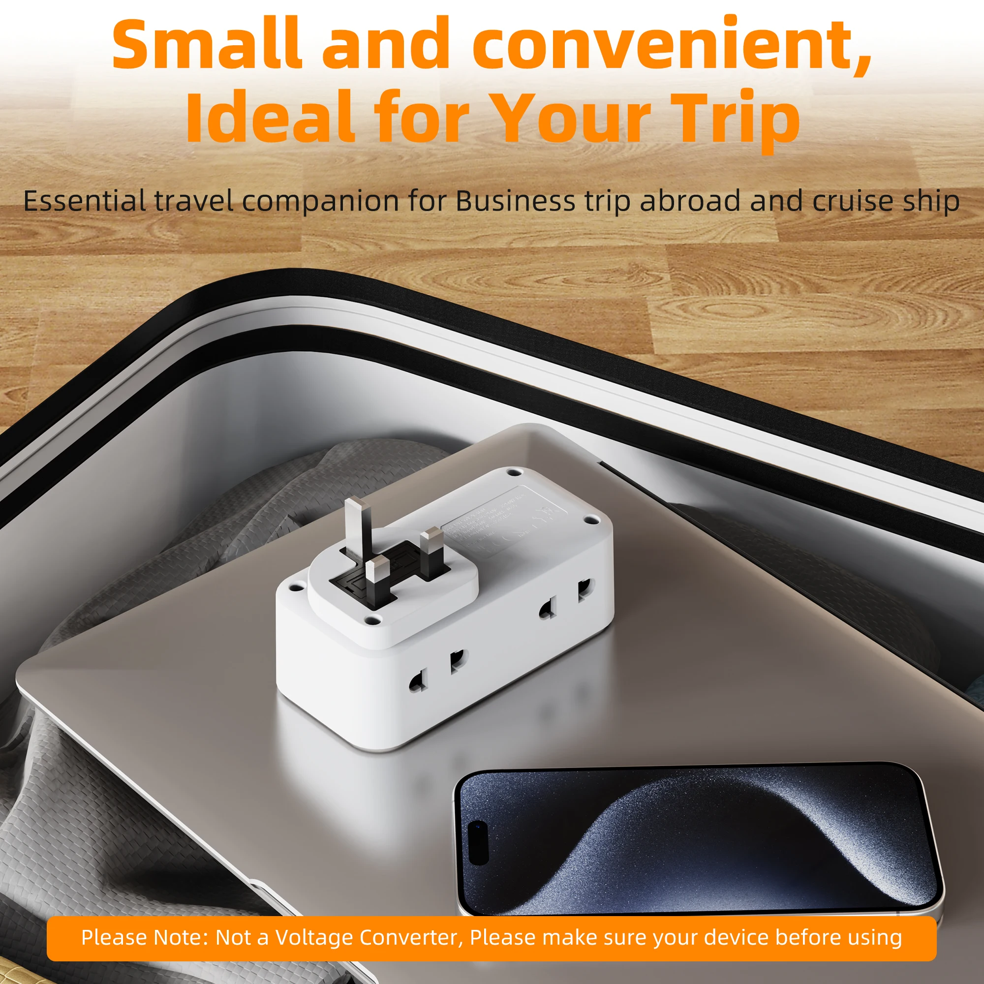 7-in-1 UK Power Strip: 2 three-pin, 2 two-pin sockets, 3 USB-A. 250V 3250W max, compact portable for travel & home use
