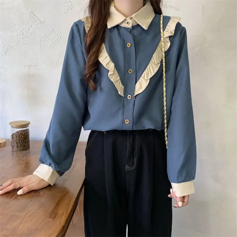 Langarm-Shirts für Damen, Chiffon, gerüscht, Knopfleiste, Blusen, Drehkragen, schmale Passform, feminin, französischer Stil, lässig, Herbst-Looks