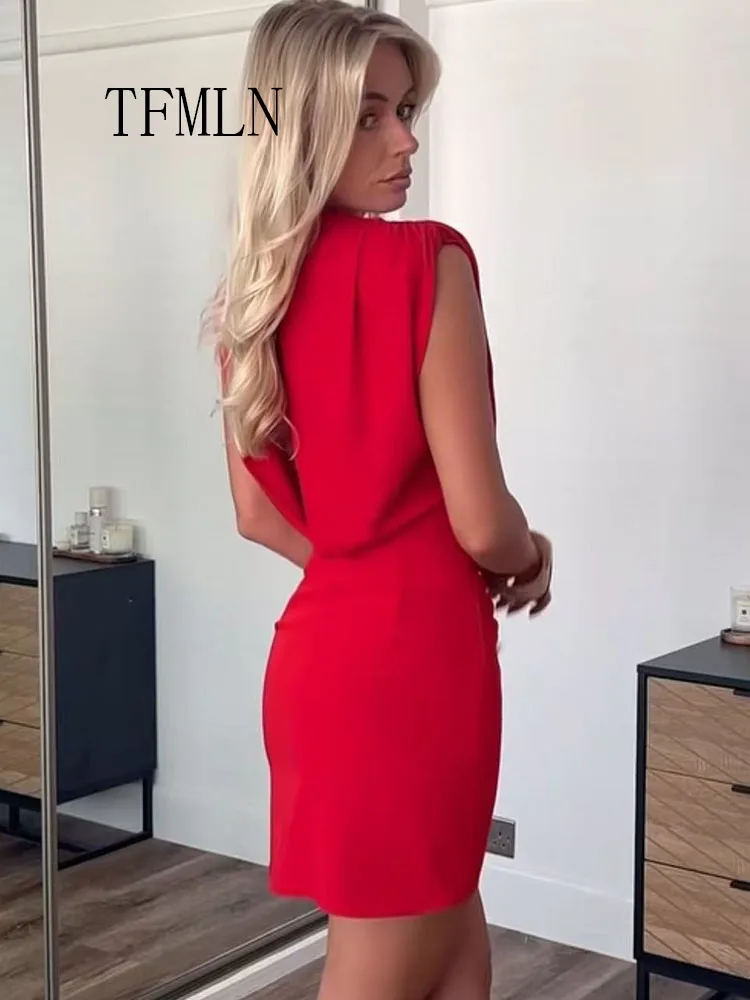 2026 New Women Simple Sheath Mini Dress Sexy Solid Sleeveless Evening Dresses Elegant Folds Slim Side Zipper Causal Dress