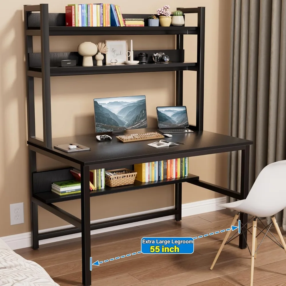 

Computer desk with bookshelves and bookshelves, thigh room 55" wide black desk with space-saving storage shelves