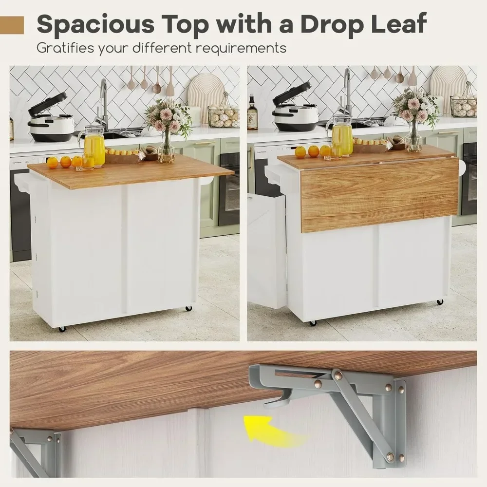 Rolling Kitchen Island with Trash Can Storage Cabinet, Drop Leaf Breakfast Bar Table, Towel Holder, 2 Drawers & Door Racks