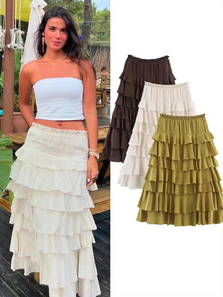 

HH Women's Solid High Street Elastic Waist Laminated Decoration Skirt Summer Female Elegant A-Line Fold Midi Skirts Trendy