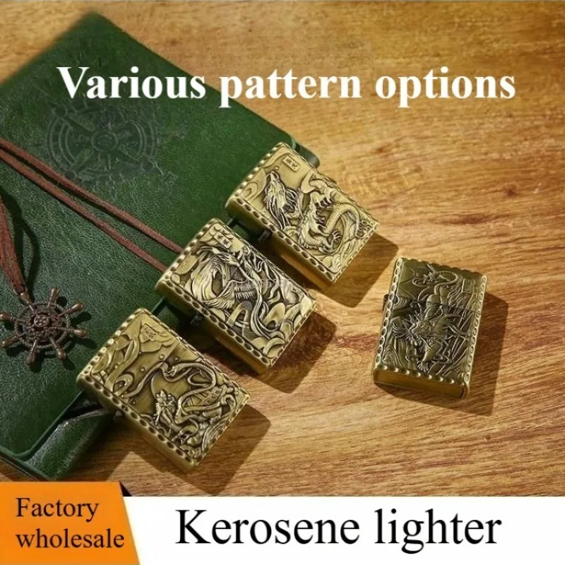 Retro Chinese Embossed Bronze Kerosiene Grinding Wheel Lighter Classic Cheap Smoking Lighter Cigarette Lighter Men's Accessories