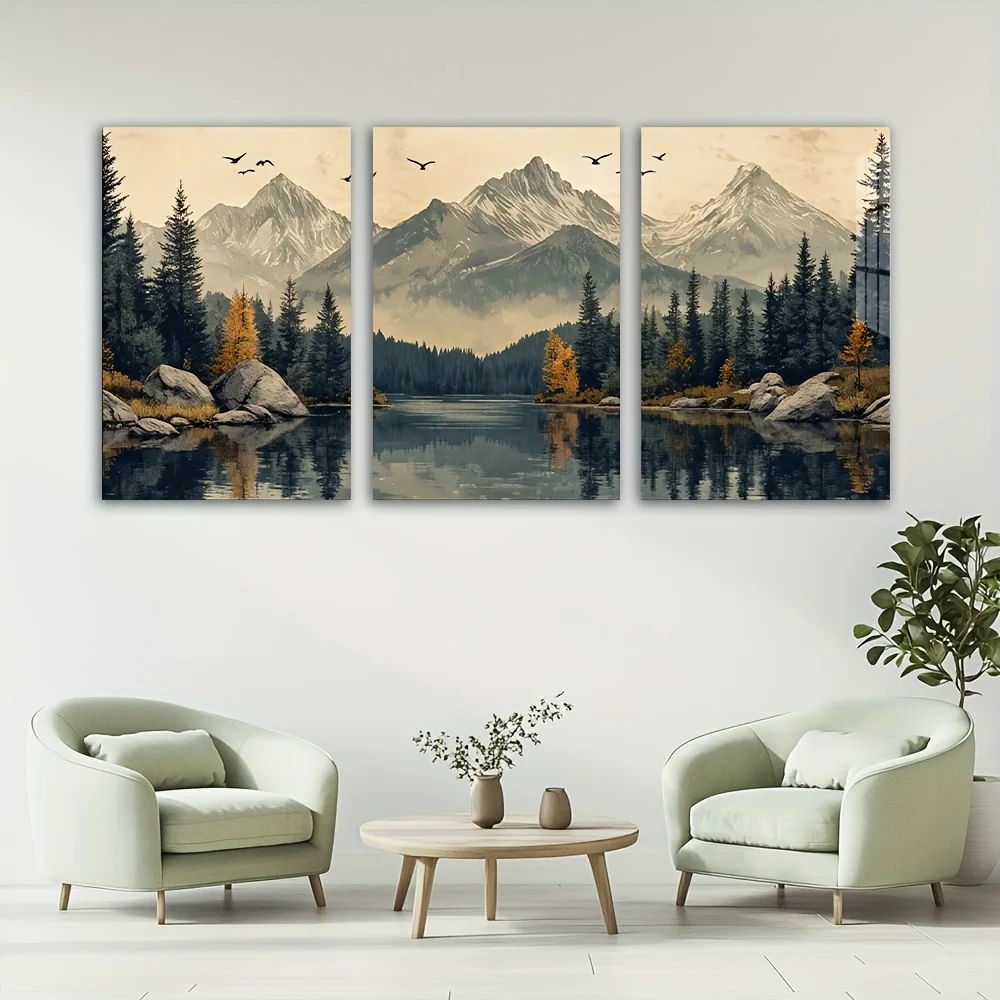 Juego de 3 Cuadros Decorativos en Lienzo 2D, Diseño Creativo de Montaña Nevada, Bosque y Lago, Arte para Pared, Regalo de Cumpleaños, Decoración para Dormitorio