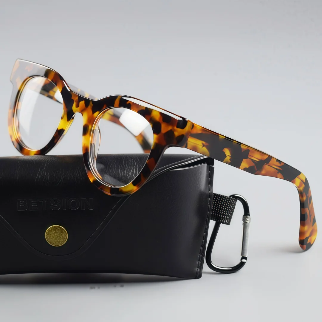 BETSION Vintage Thick Round Acetate Eyeglasses Frame 46mm Lens Width Fashion Spectacle Frame For Daily Wear