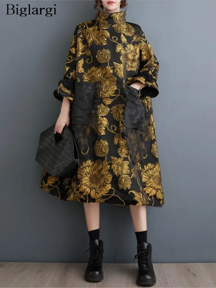 Oversized Autumn Winter Midi Dress Women Patchwork Fashion Chinese Style Flower Ladies Dresses Pleated Loose Woman Dress 2023