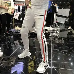 Jean skinny à rayures latérales pour hommes, pantalon sarouel décontracté, jogging blanc, marque de printemps, 2021