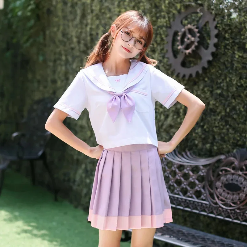 

COSda@Citron purple Pleated skirt Girls/Women JK uniform College wind White Short-sleeved Blouse Sailor suit School Uniforms Clo