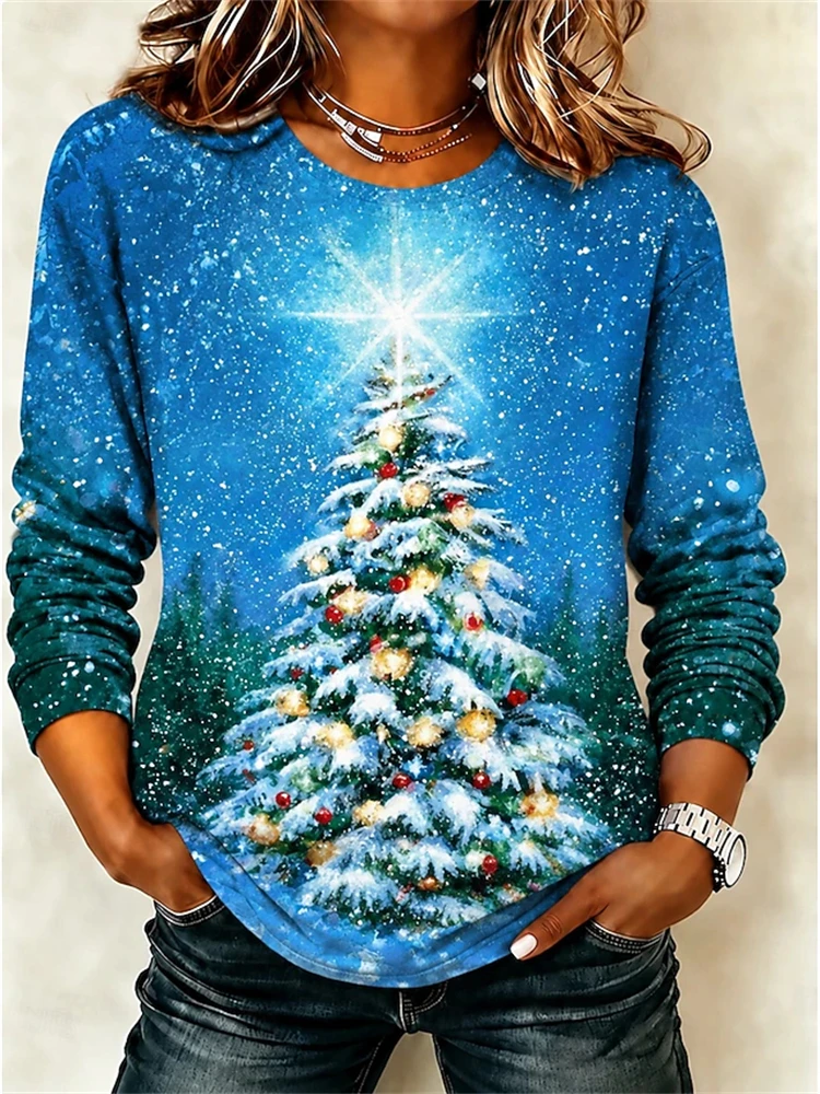 Autumn Christmas Women's Long Sleeve Snowy Night Christmas Tree Print Crew Neck Pullover Casual Street Style Holiday Party Top