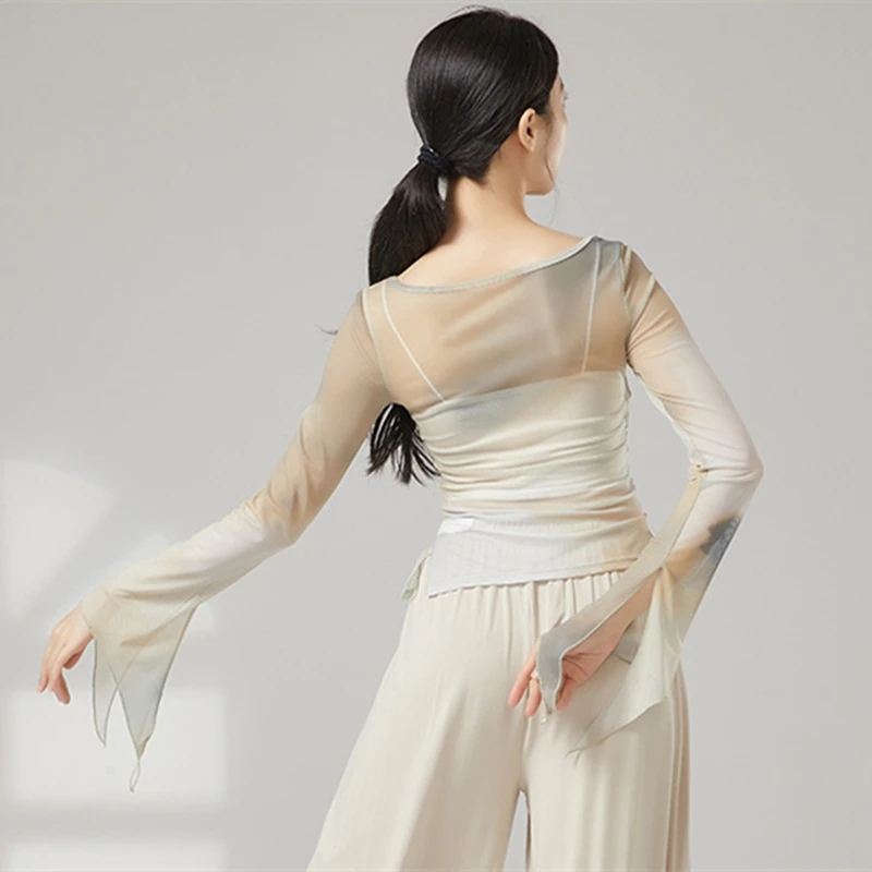 Women Classical Dance Mesh Top Long Slit Flared Sleeve Shirt Prints Saree Blouse Slim Chinese Hanfu Performance Training Clothes