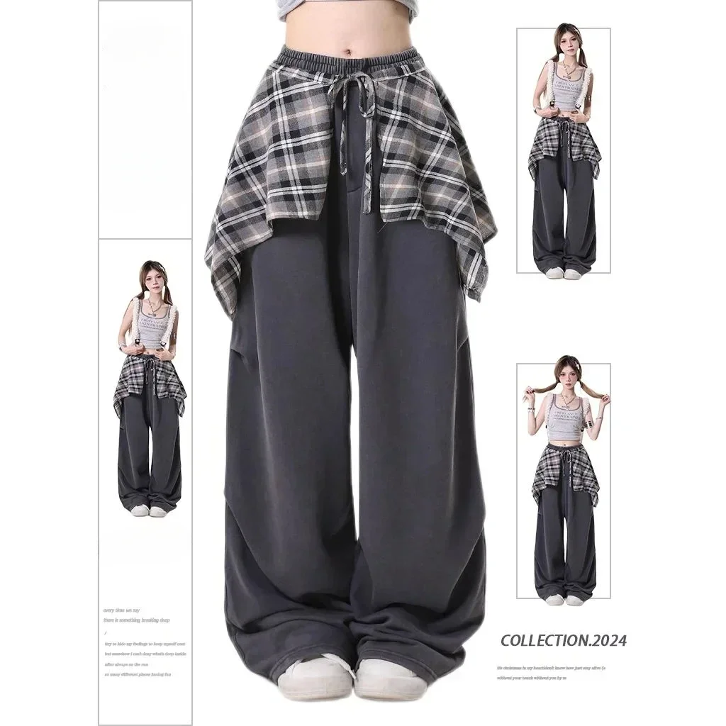 Casual Women's Fall Cargo Pants with Color Block Plaid Skirt Hem Design Loose Fit Jazz Dance Long Trousers streetwear women