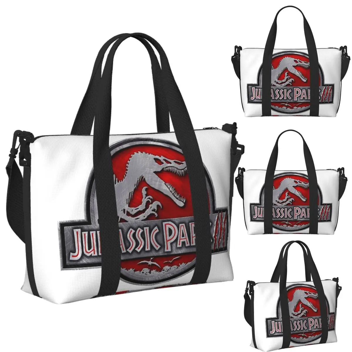 

Custom Dinosaur Jurassic Park Beach Travel Bag Large Capacity Tote Bags for Gym Sport Women Shopping Duffle Shoulder Bag